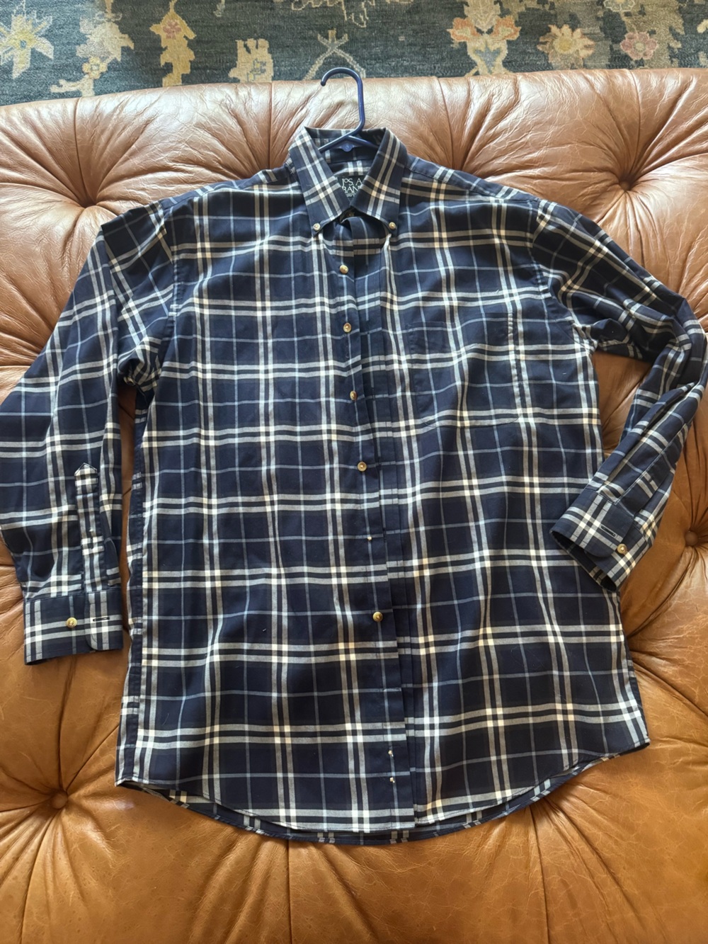 Jos. A. Bank Men's Navy and White Plaid Button-Up Shirt